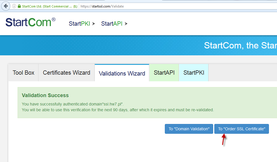 powodzenie walidacji StartSSL