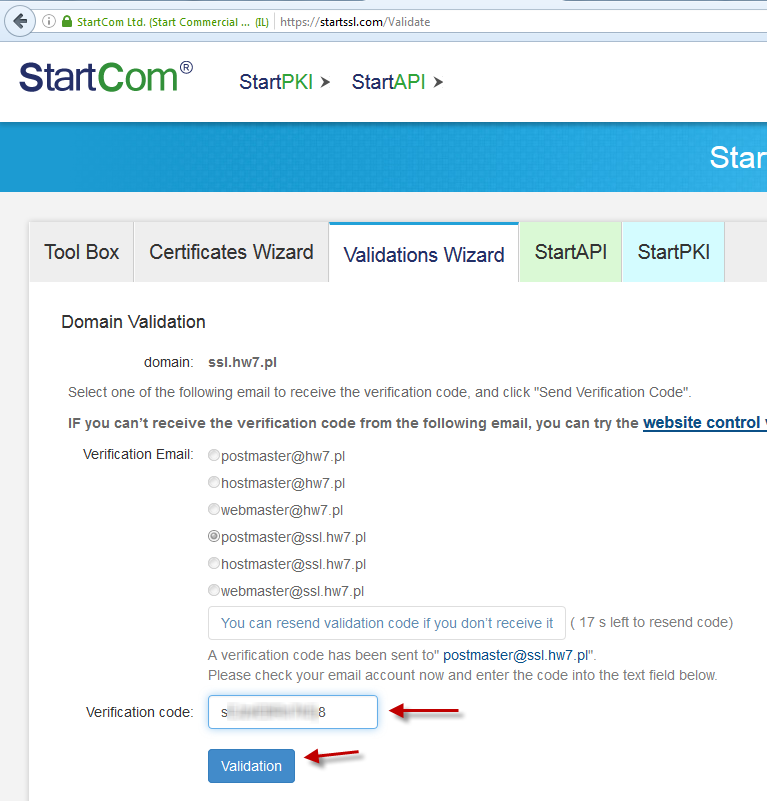 walidacja kodu StartSSL