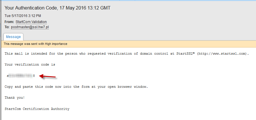 email z kodem weryfikacyjnym do bezpłatnego certyfikatu SSL